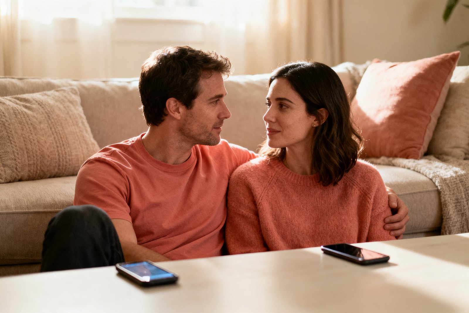 A couple sharing a quick end-of-day chat, phones away