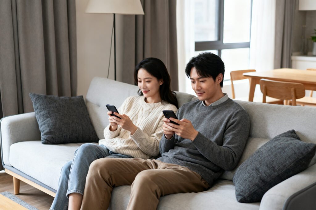 A couple looking at phones together
