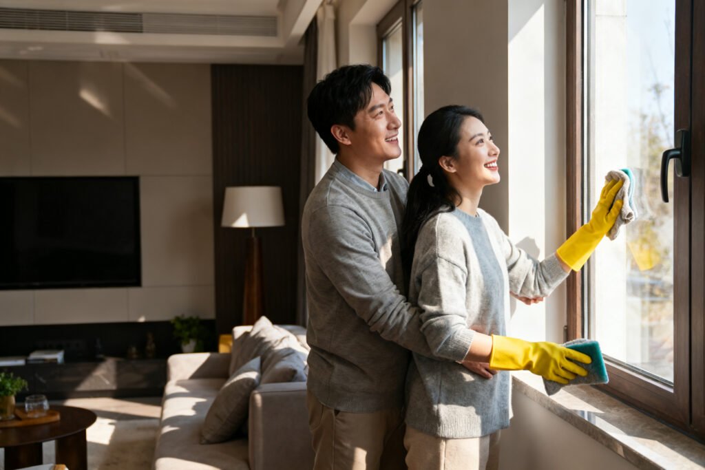 A couple together by a sunny window