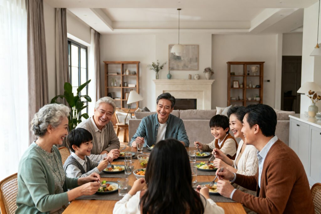 A warm family gathering around a dining table