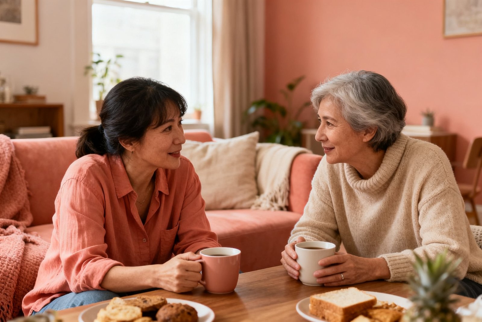 A warm check-in moment over coffee