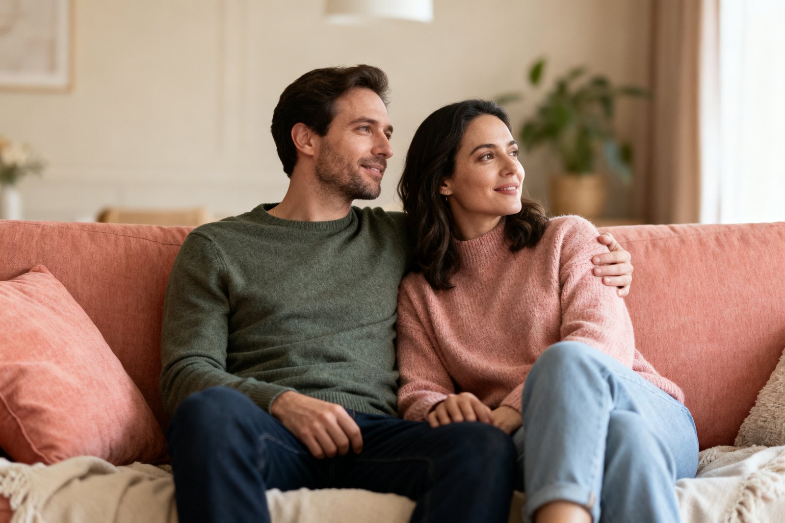A couple reflecting on their day together, relaxed and warm