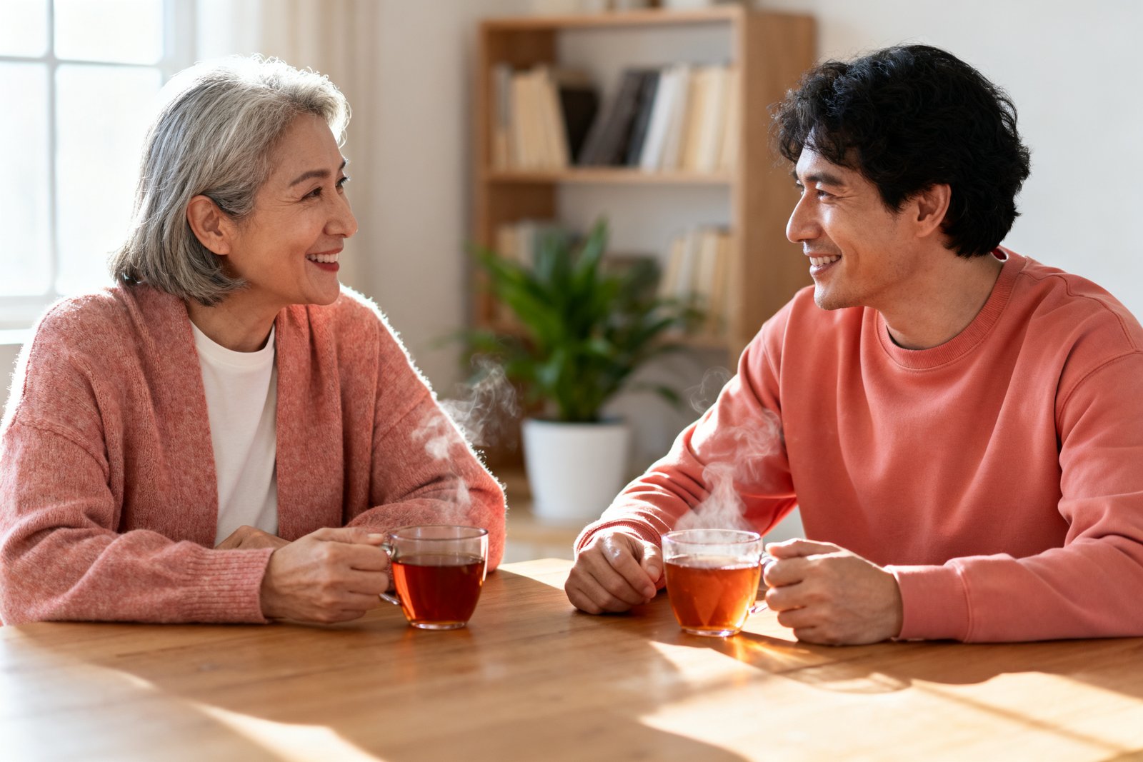 Partners enjoying a comfortable, honest talk over tea