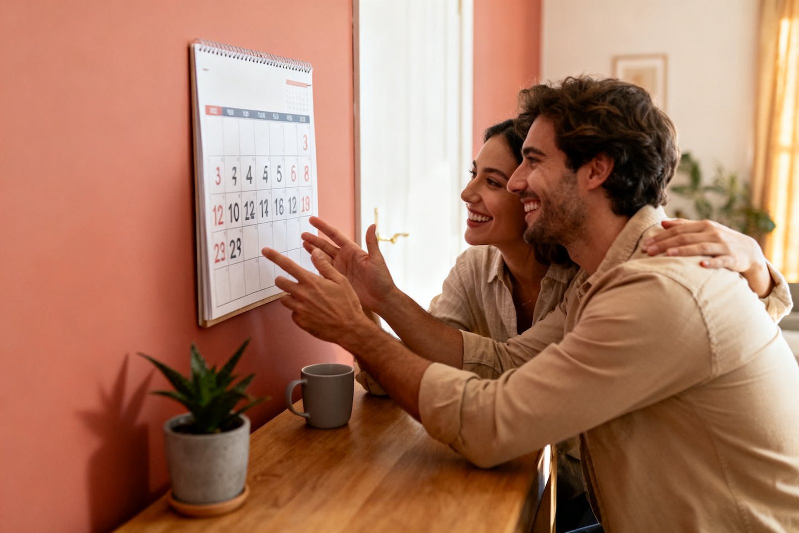 A couple sharing a calendar and a laugh at the table