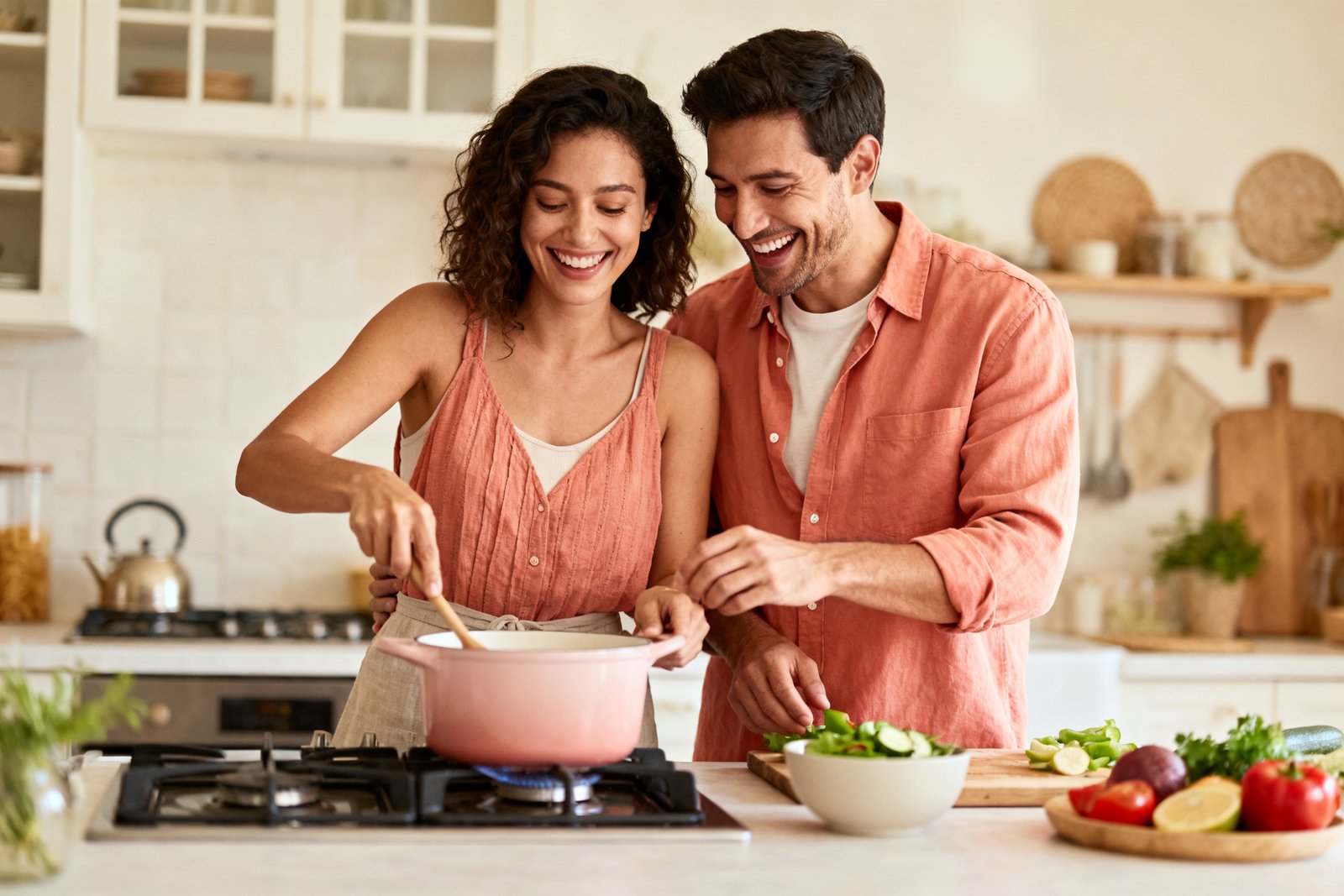 A couple cooking a new recipe together, laughing