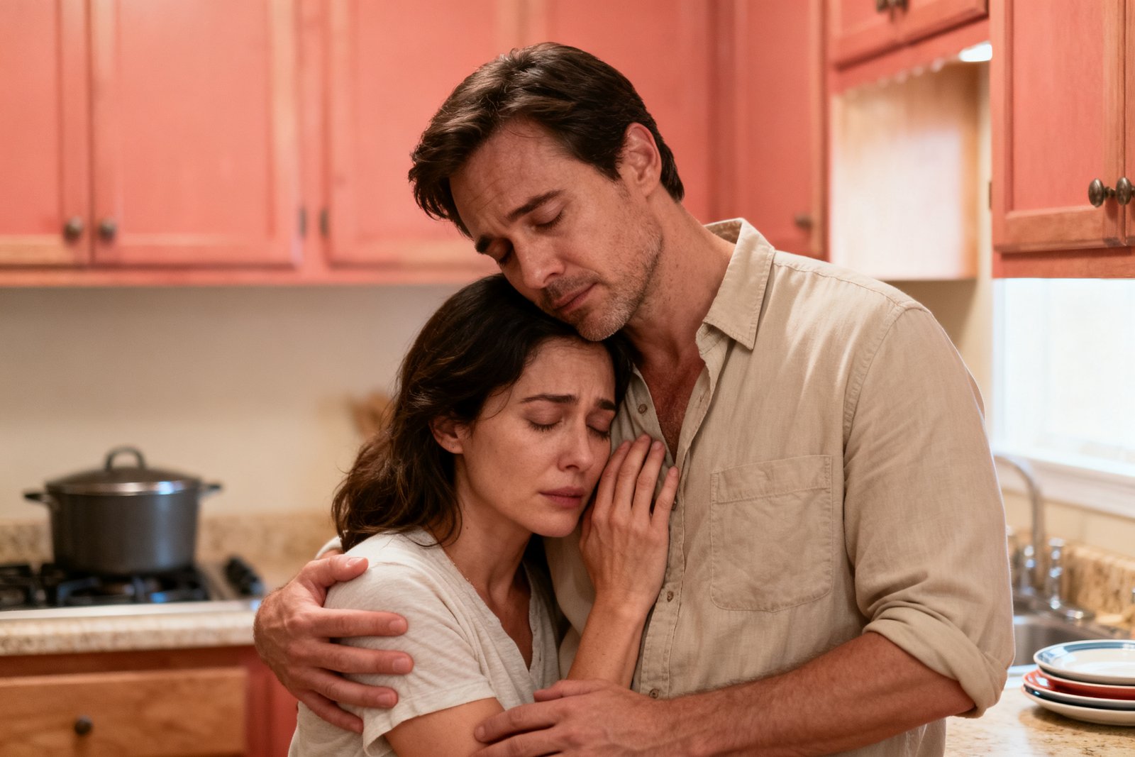A tired couple gently supporting each other at the end of a busy day in a warm kitchen
