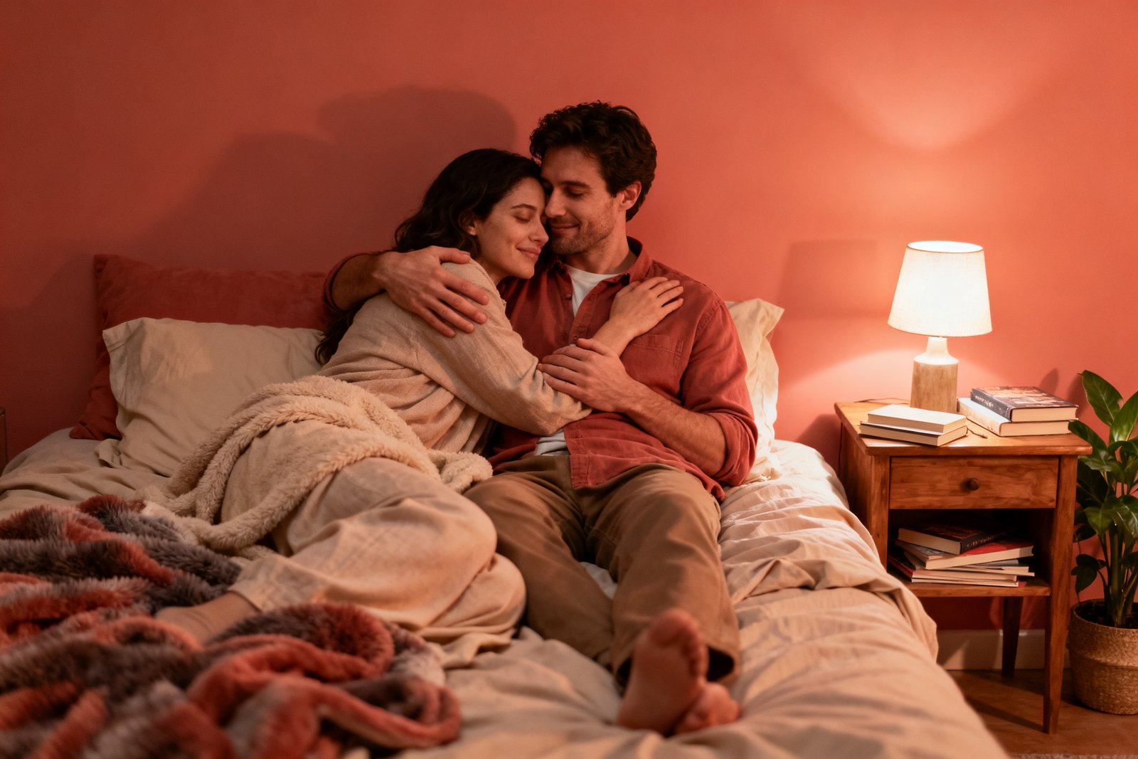A cozy couple winding down together in a warm bedroom at night, gentle lamp light