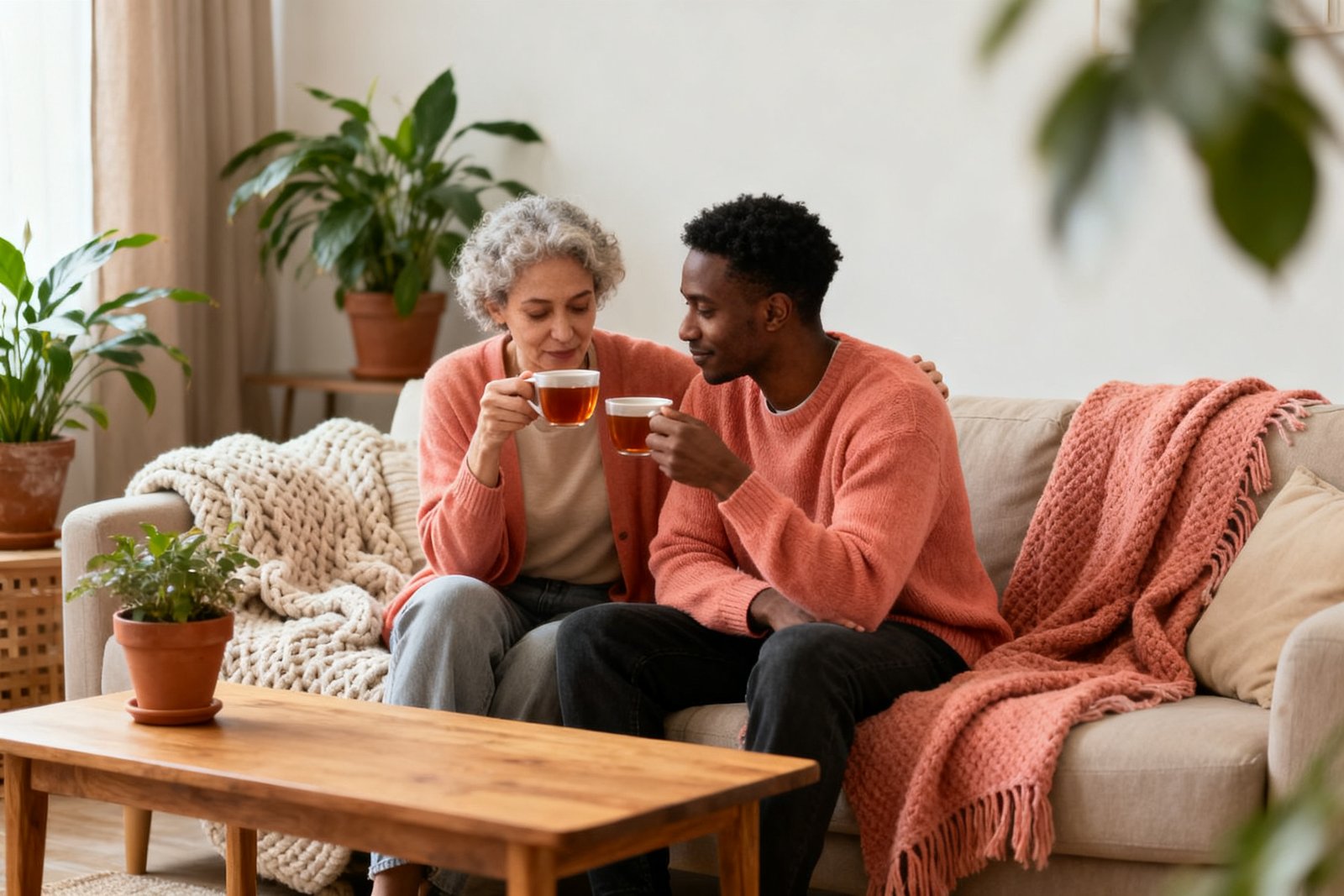 Two people sharing a quiet cup of tea, unwinding