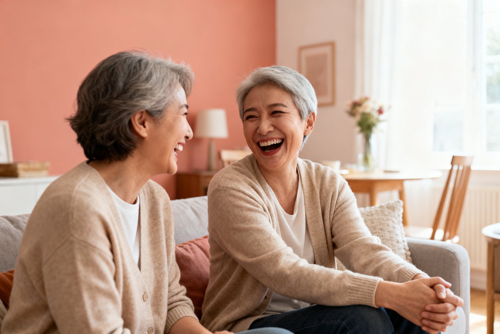 Two people laughing together during a heartfelt talk at home
