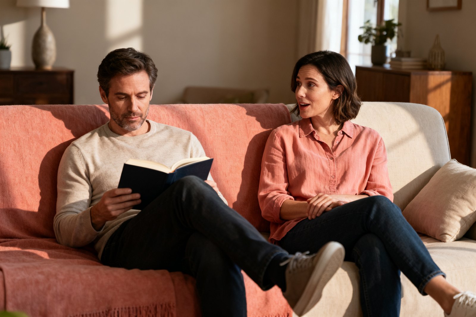 A couple relaxing together on a sofa, one reading quietly and one talking, comfortable and warm