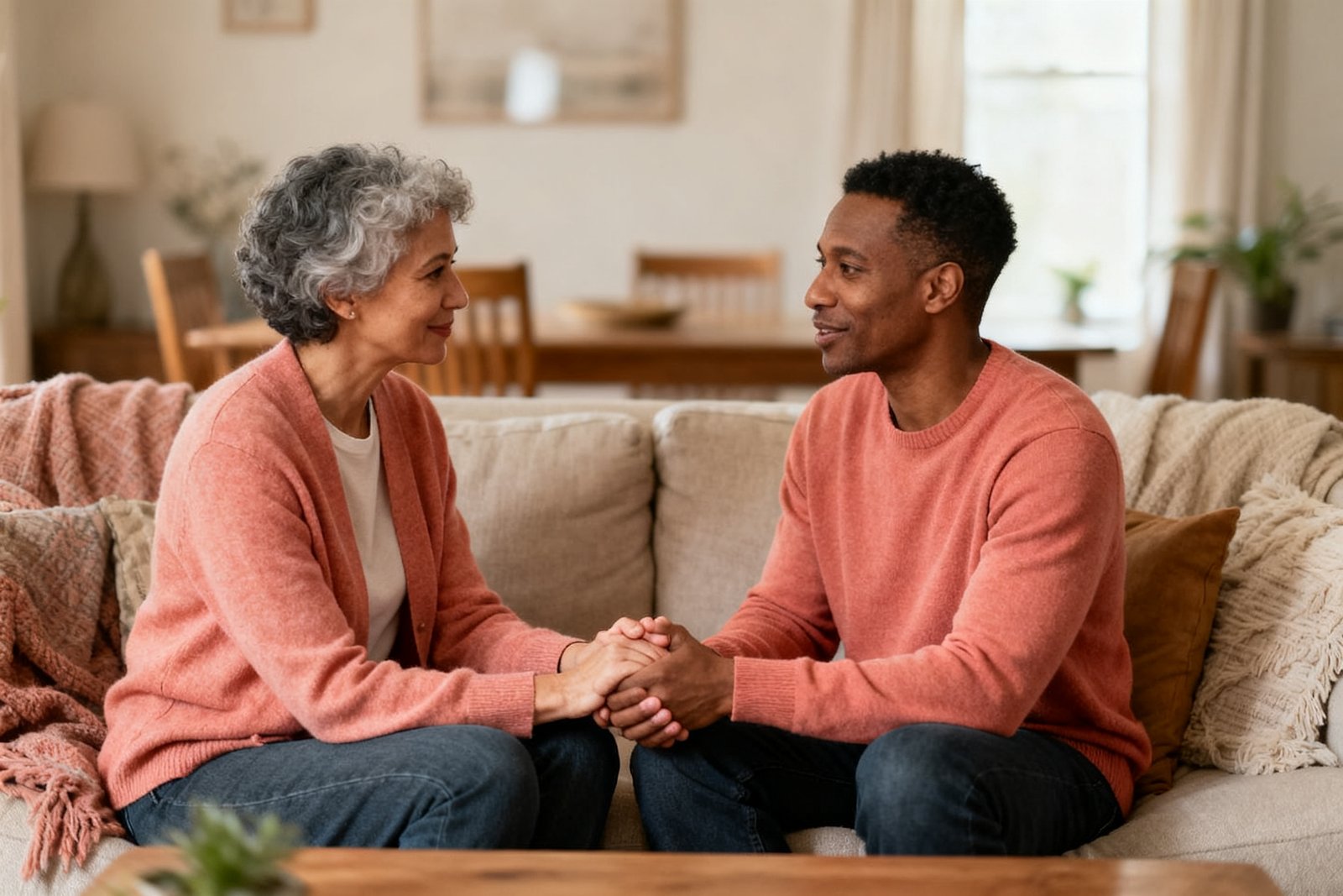 Two people holding hands during a heartfelt talk