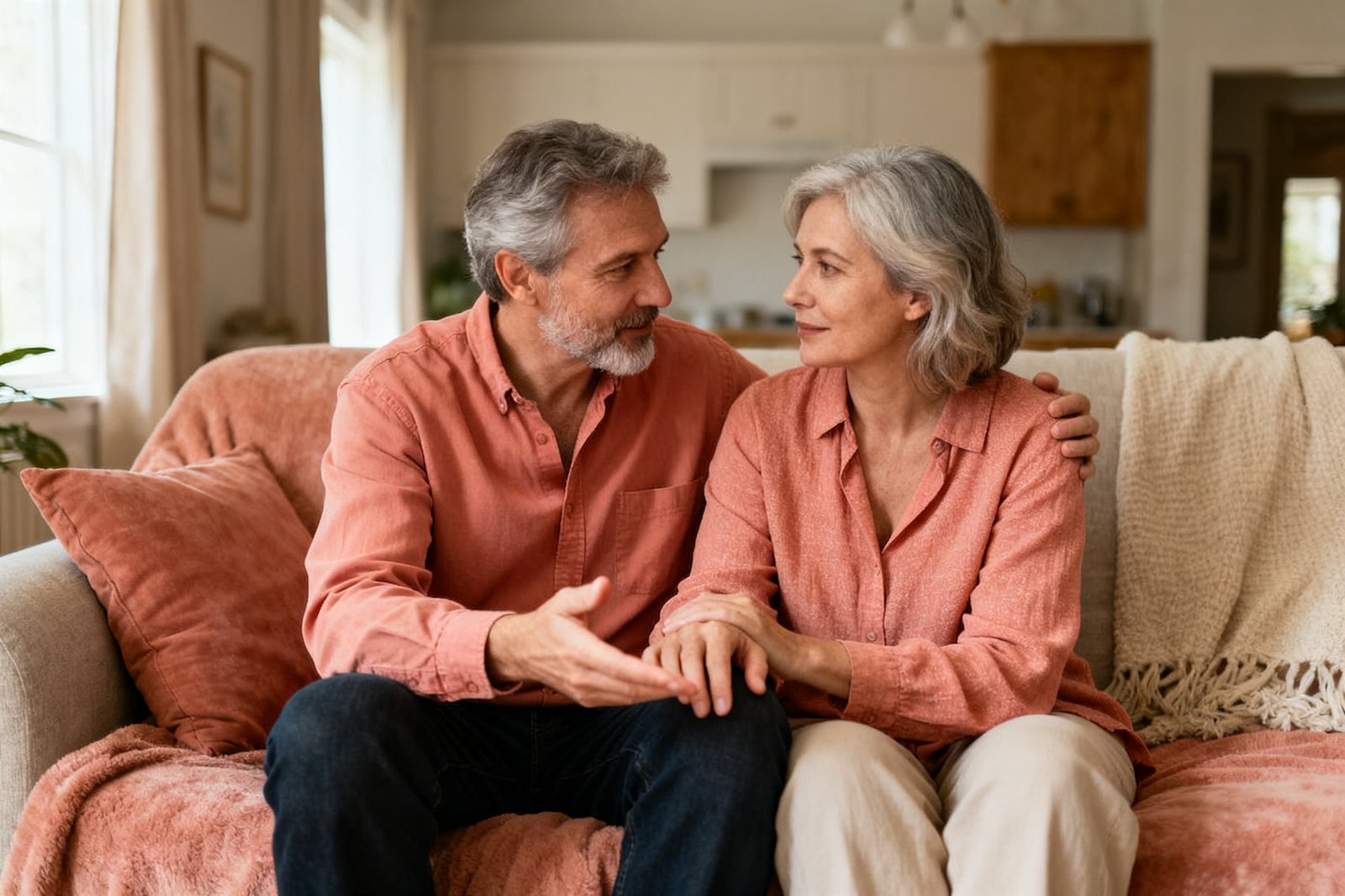 A couple sitting together having a calm gentle conversation, one reaching out reassuringly