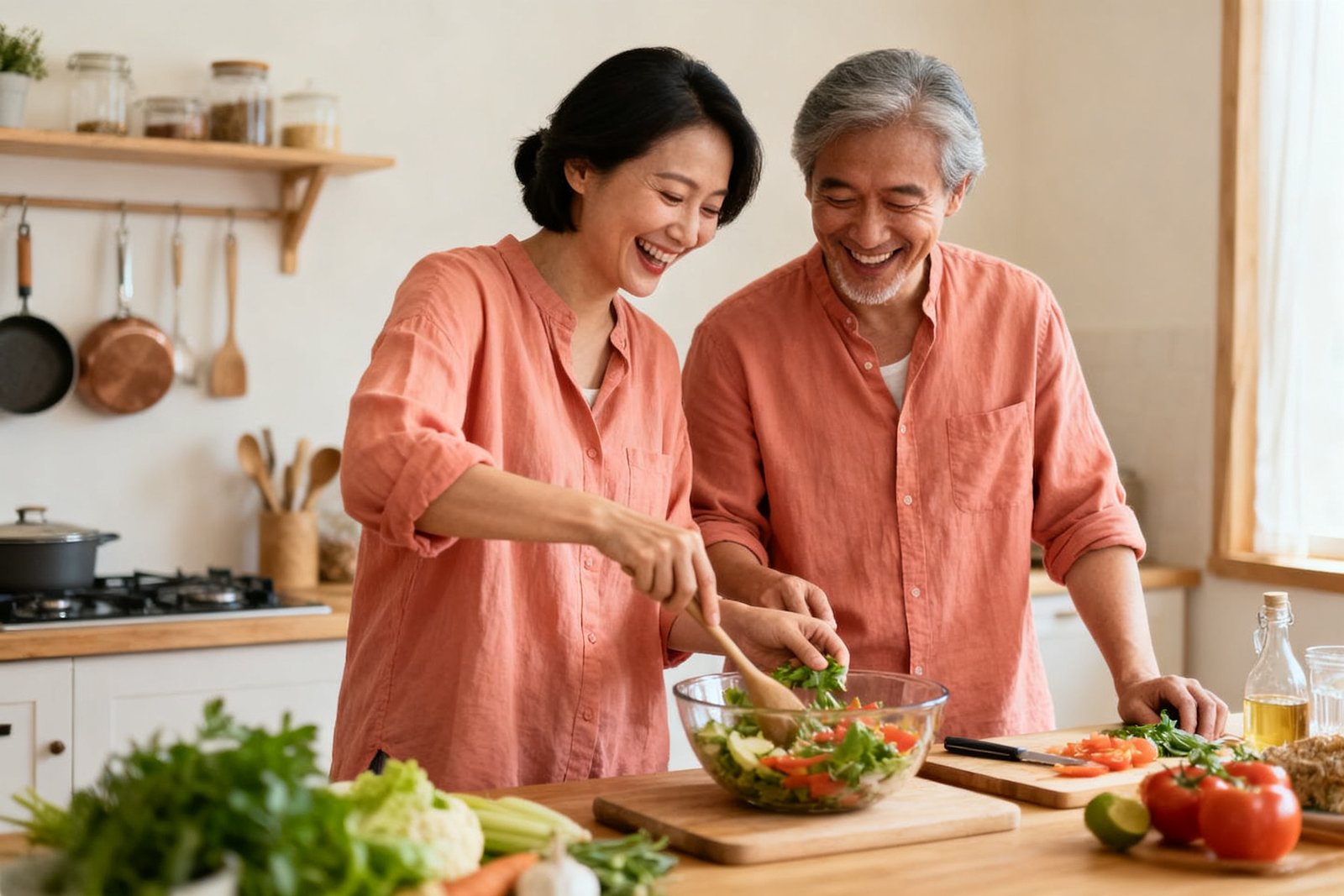 Two people cooking a new recipe together and laughing