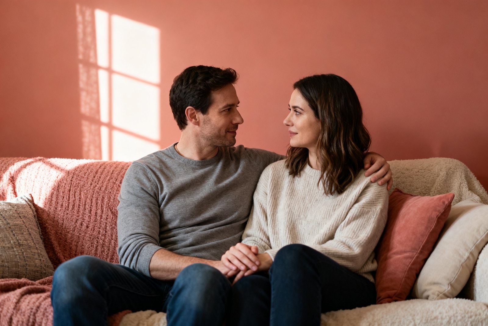 A couple sharing a heartfelt, vulnerable conversation on a cozy couch