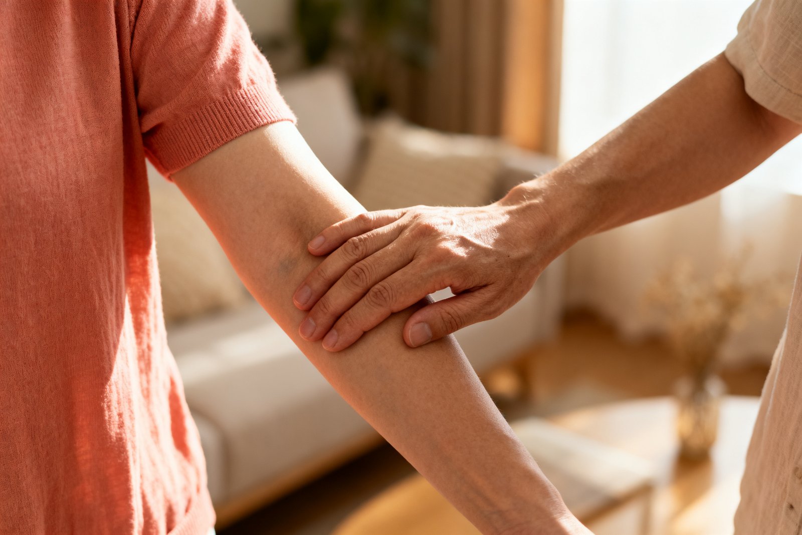 A reassuring moment with a hand resting on the arm