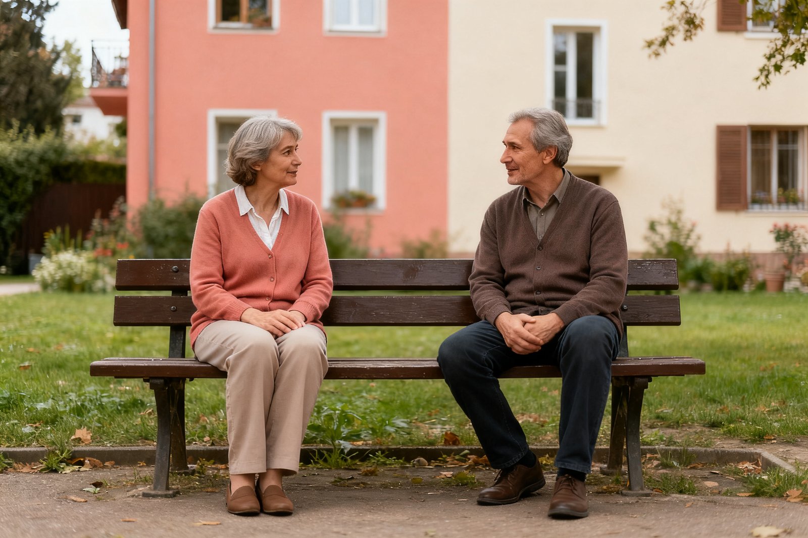 Two people talking calmly together on a park bench