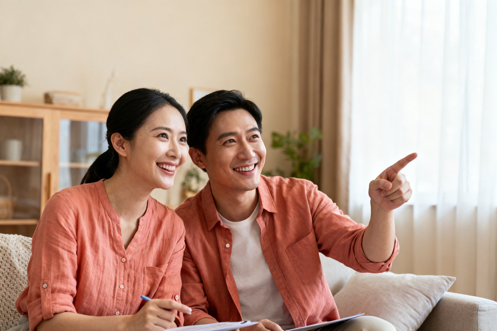 A couple smiling and pointing during a fun quiz