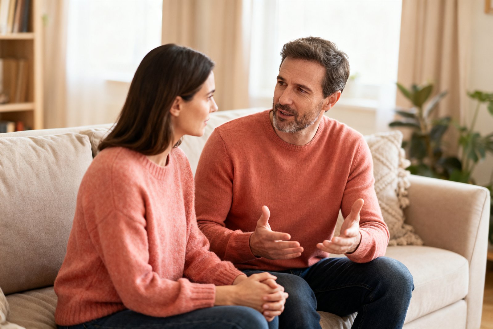 A couple having an honest, gentle conversation on a sofa with open body language