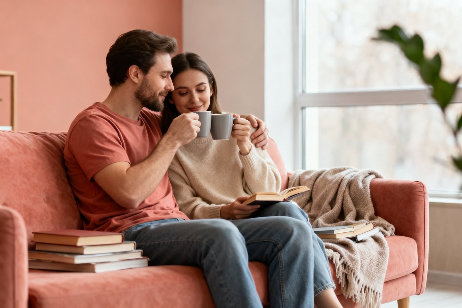 A couple sharing coffee during a quiet moment at home