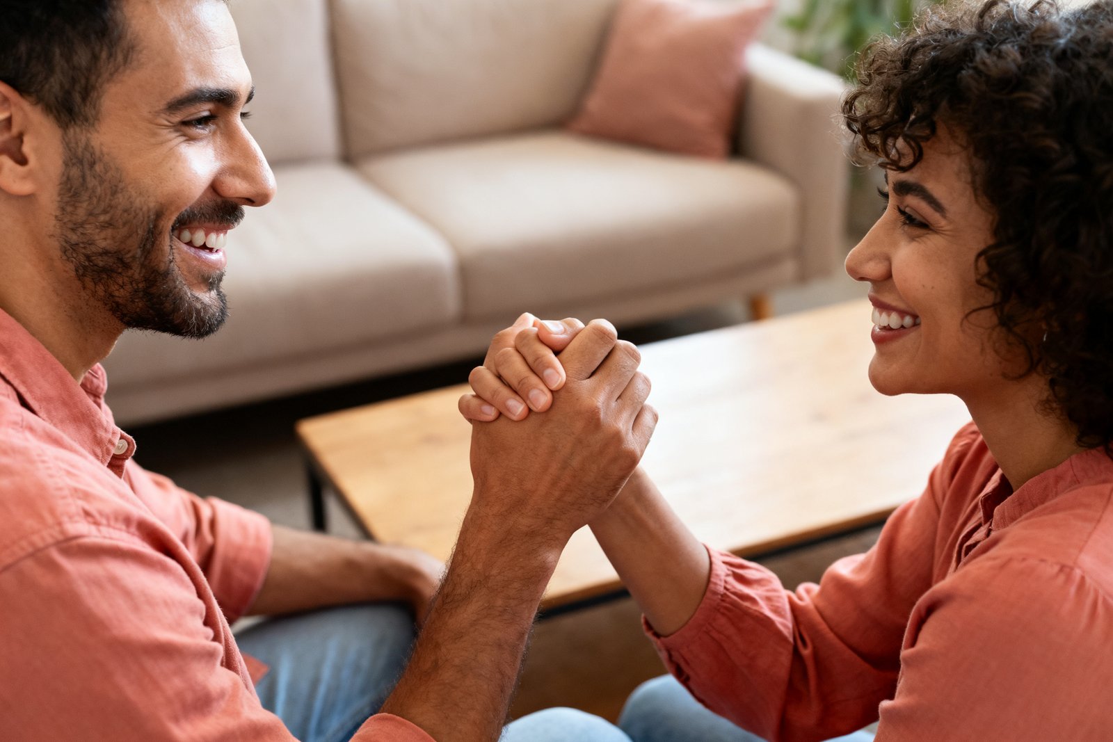 Partners holding hands and smiling after being apart