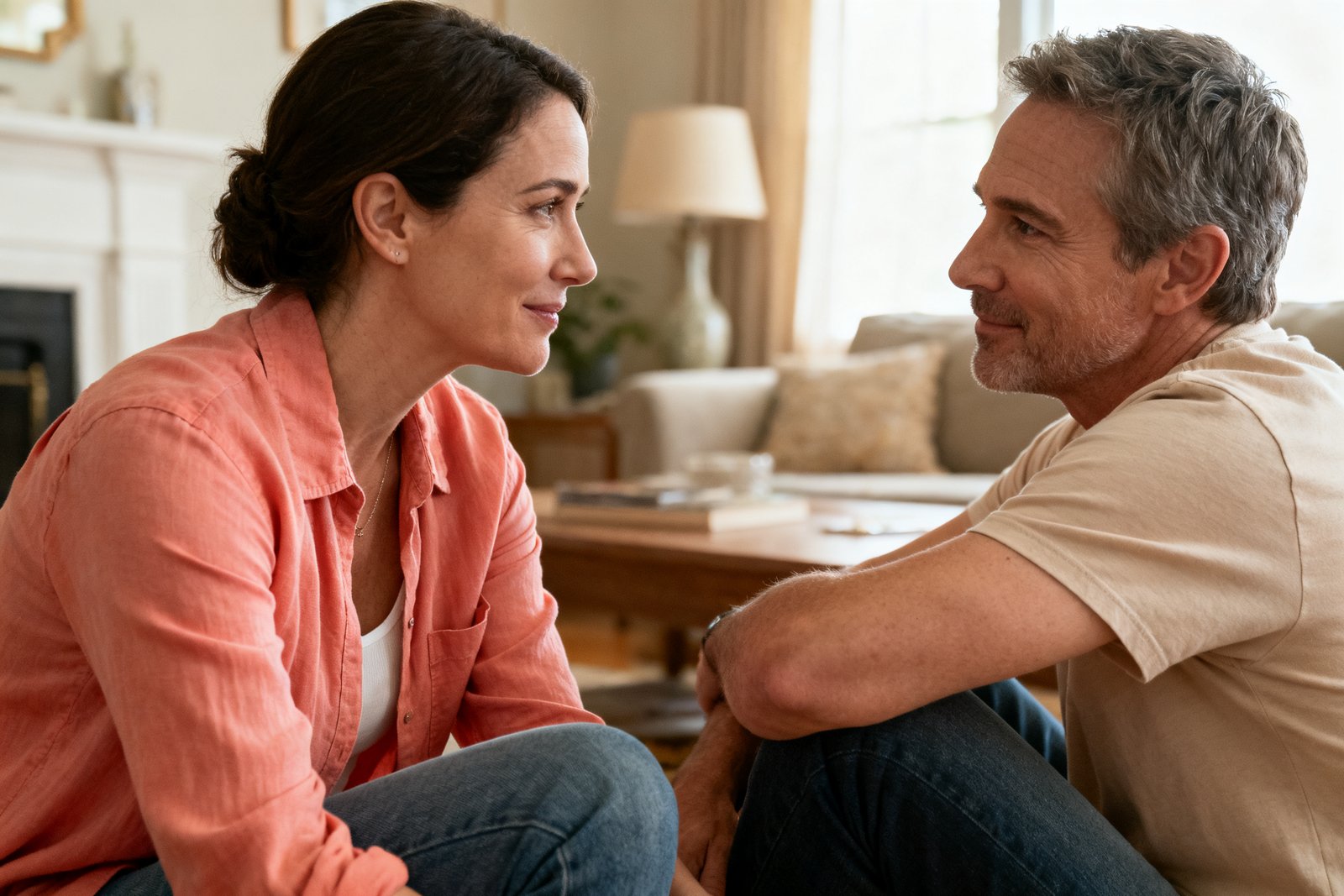 Two people sitting knee to knee in unhurried conversation