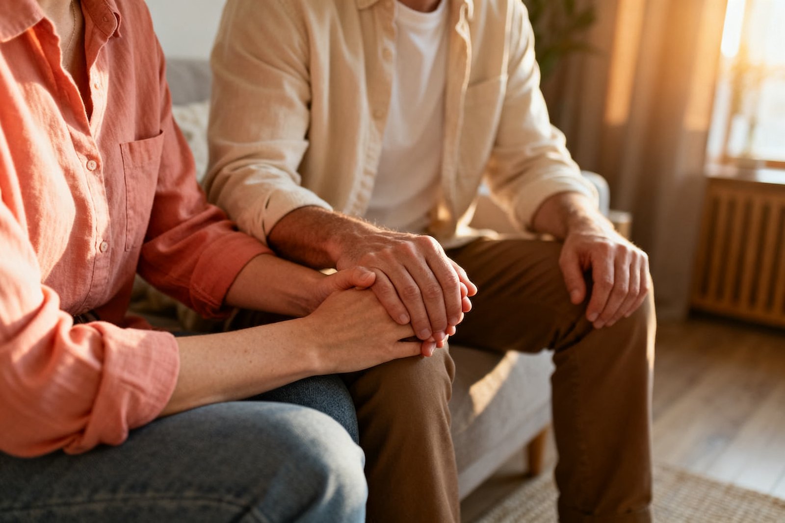 Partners holding hands, hopeful and calm