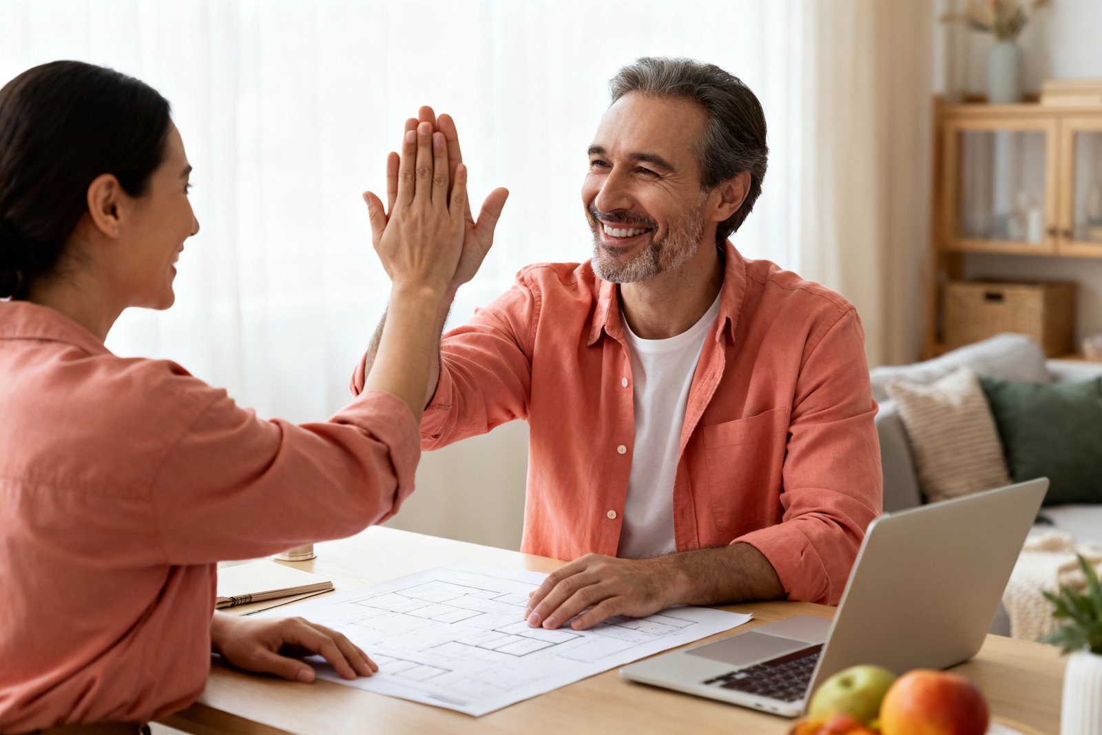 Partners high-fiving over a shared plan at the table