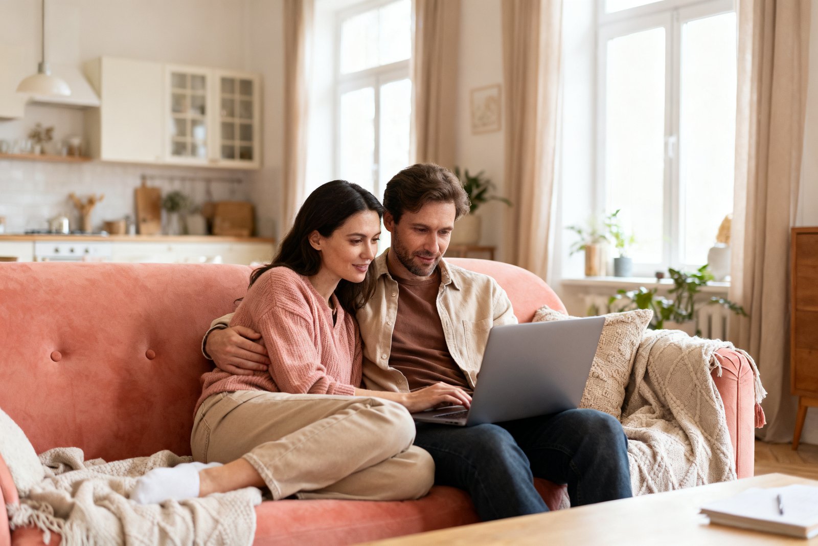 A couple looking at a laptop, planning a change together