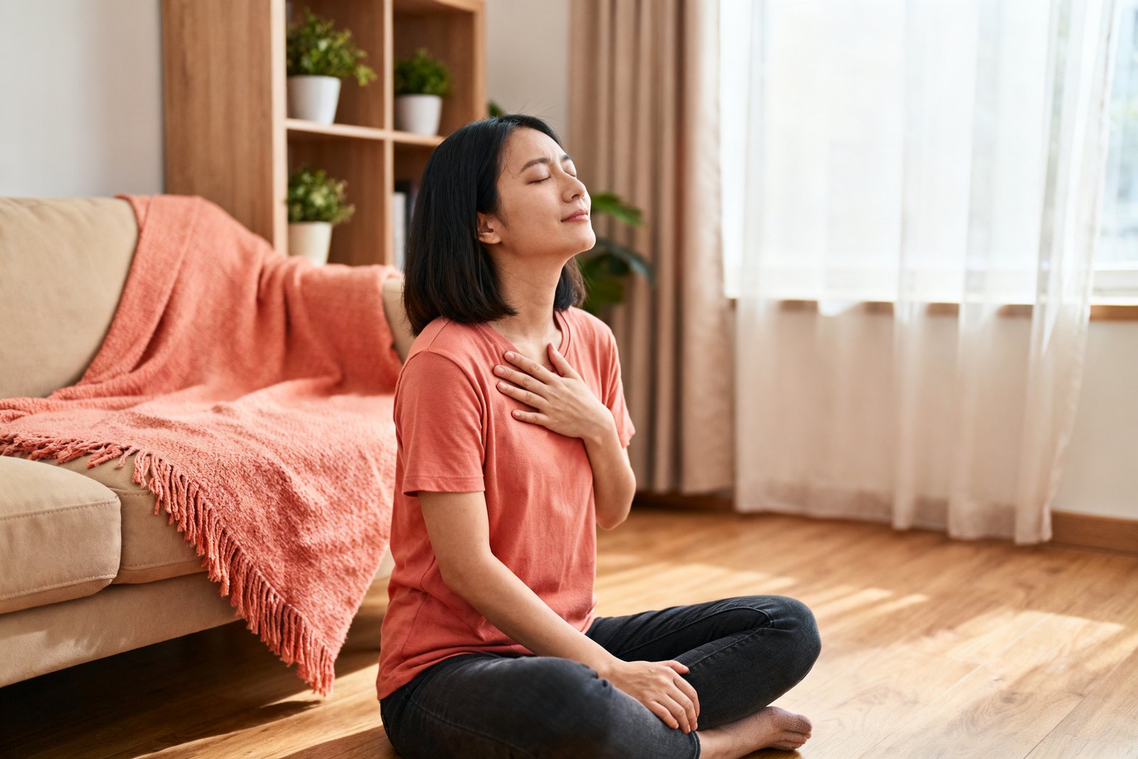 A person taking a calm breath with a hand on their chest