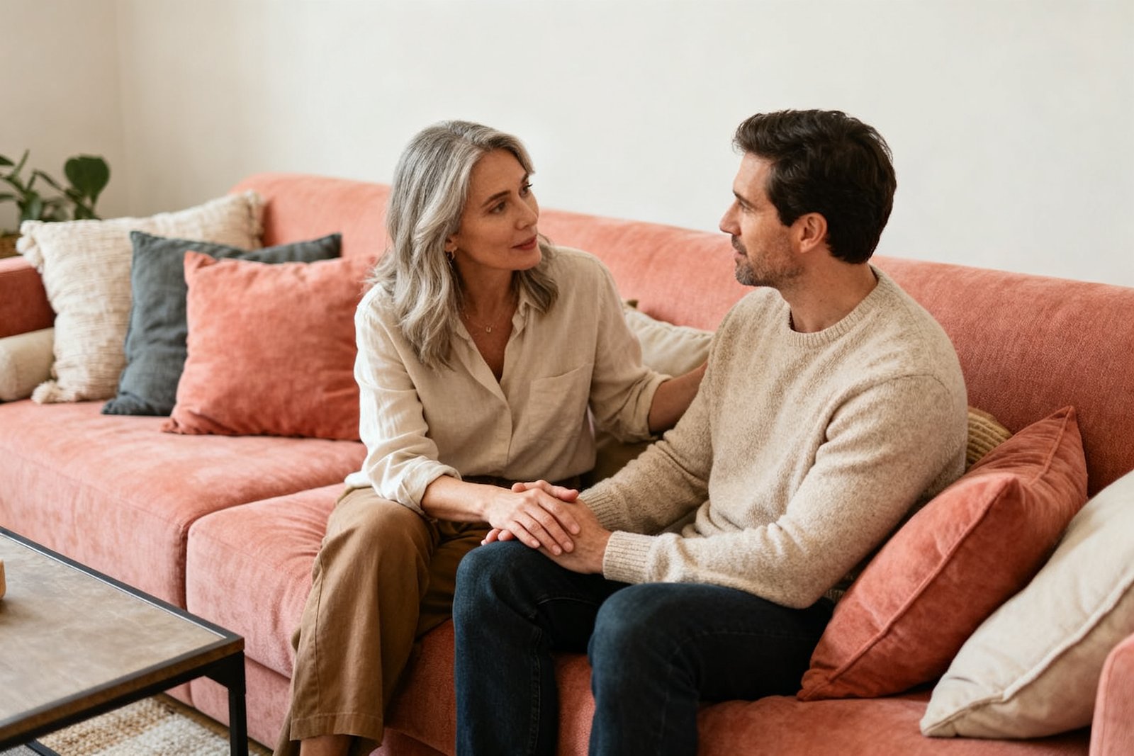 A couple having an honest, reassuring conversation on a sofa, open and calm body language