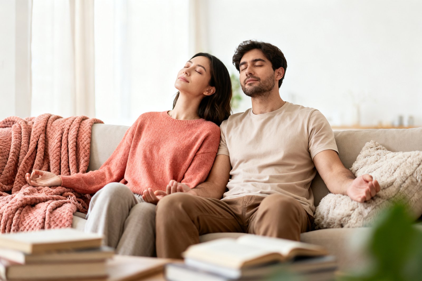 A couple taking a calming breath together on the couch
