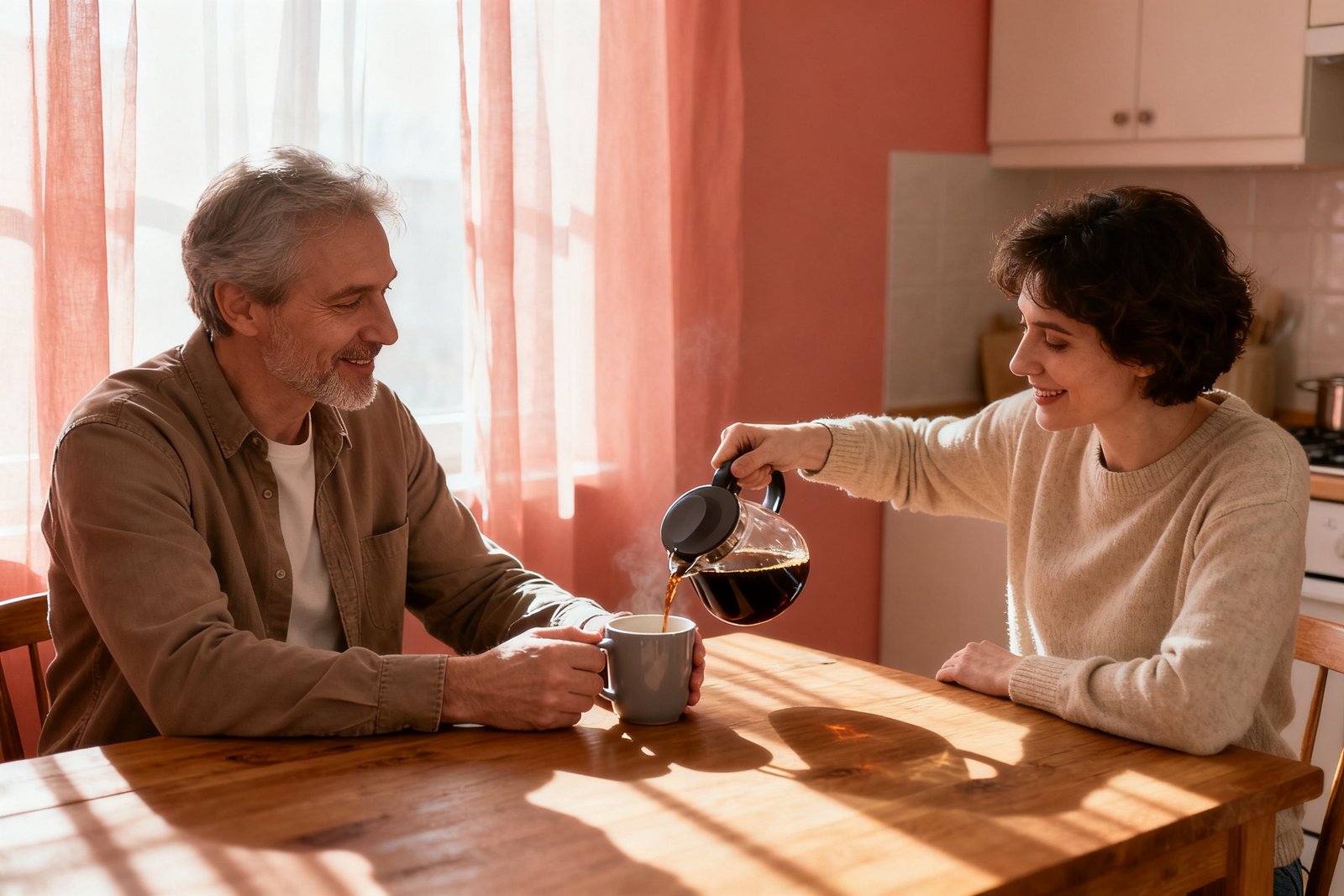 Two people having morning coffee together in gentle light