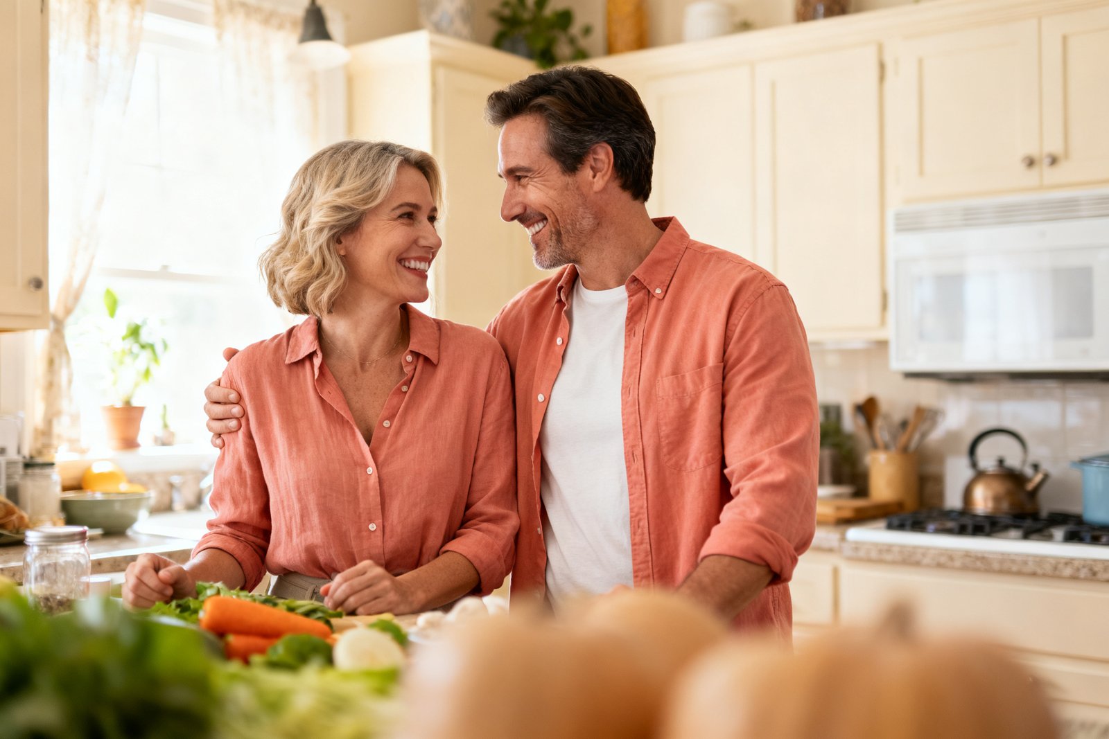 Partners smiling in agreement in a bright kitchen