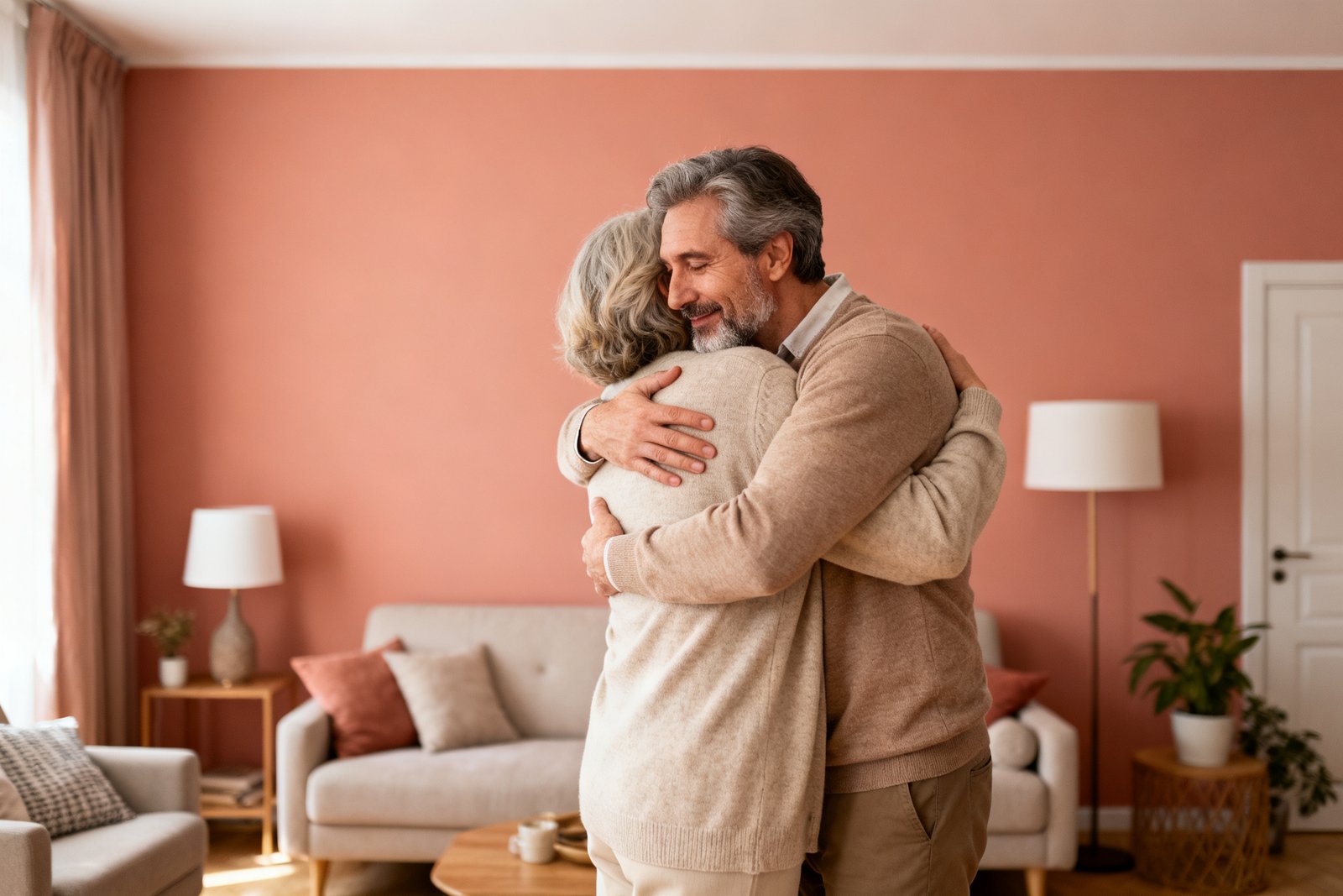 Partners hugging warmly in a cozy living room