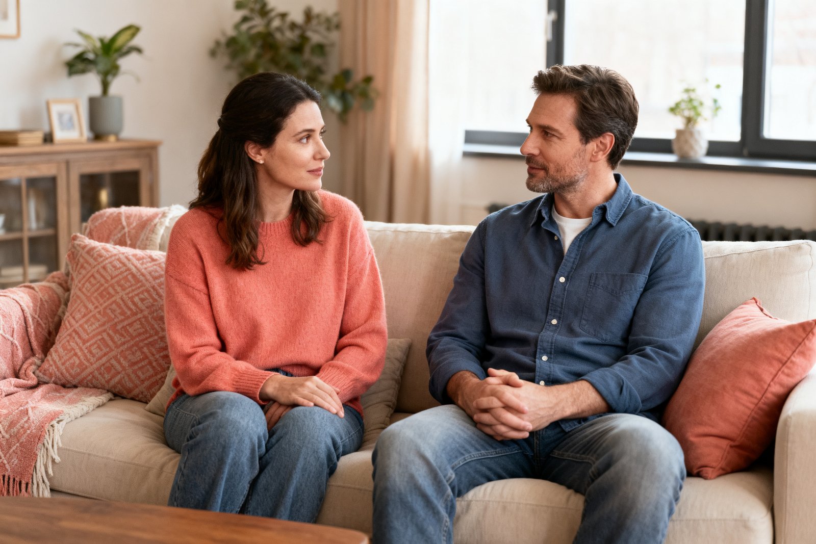 A couple in attentive, present conversation on the sofa