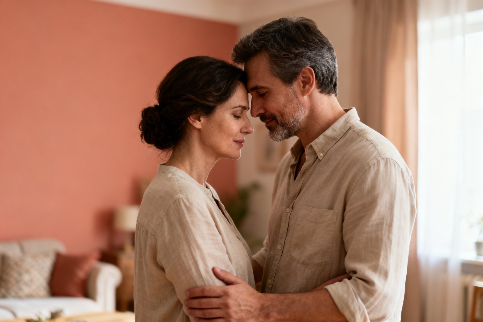 A couple reconnecting gently after a calm pause