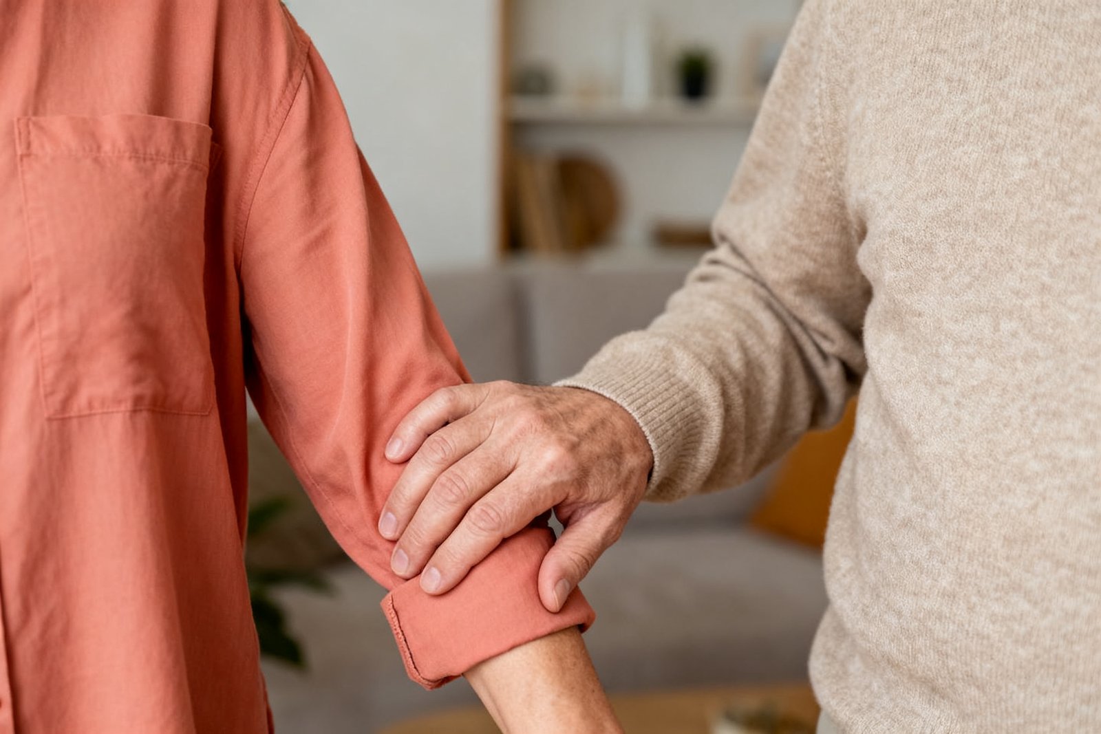 A reassuring moment, one hand resting on the other's arm