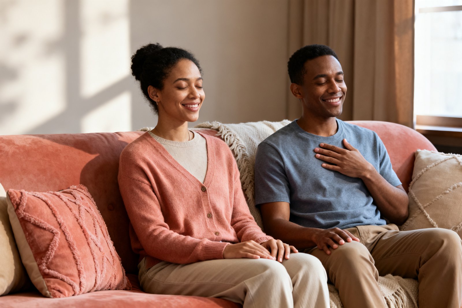 Two people taking a calming breath during a talk