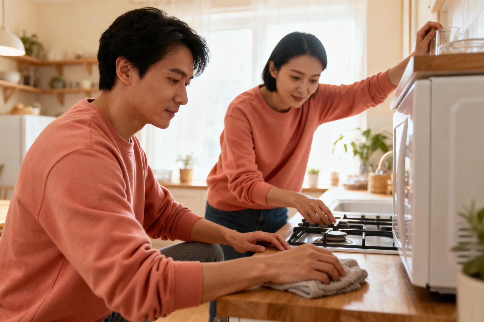 Two people tackling a household task together as a team
