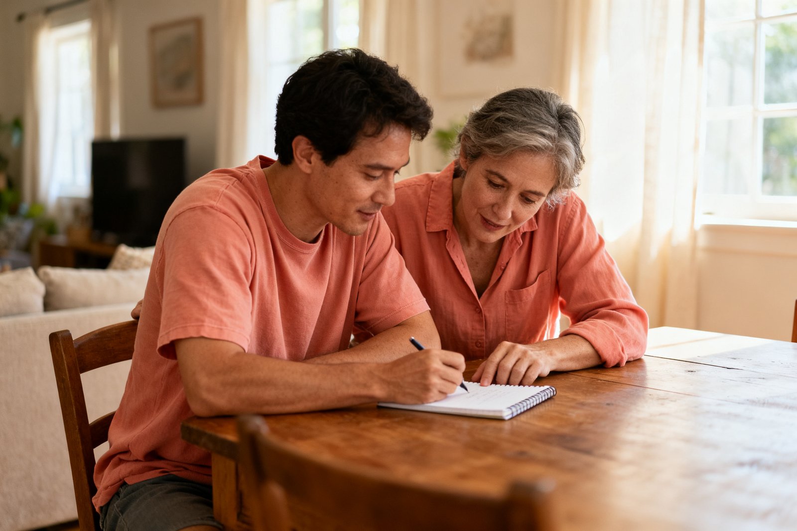 Two people problem-solving together with a notepad
