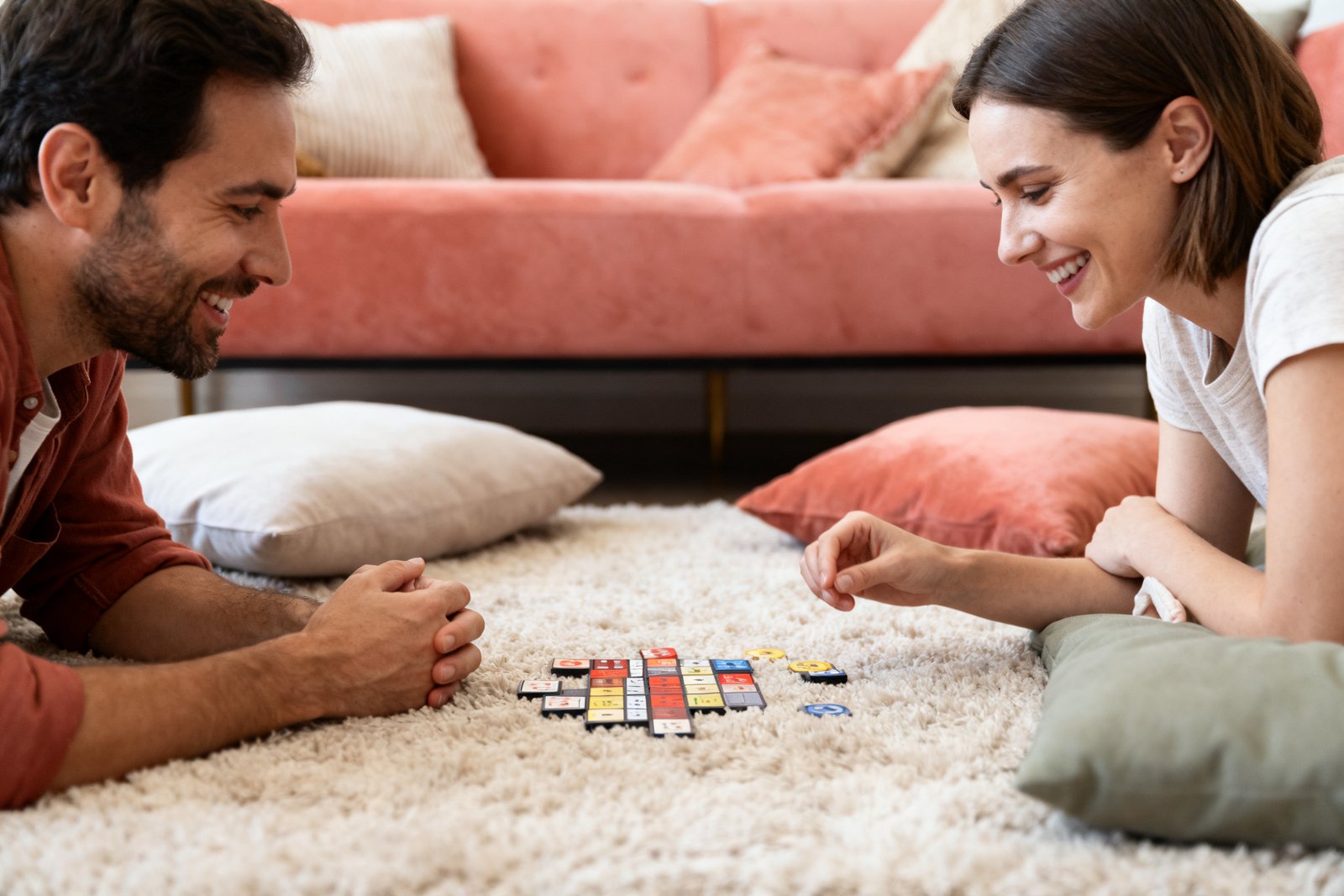 A couple playing a lighthearted game on the living room floor