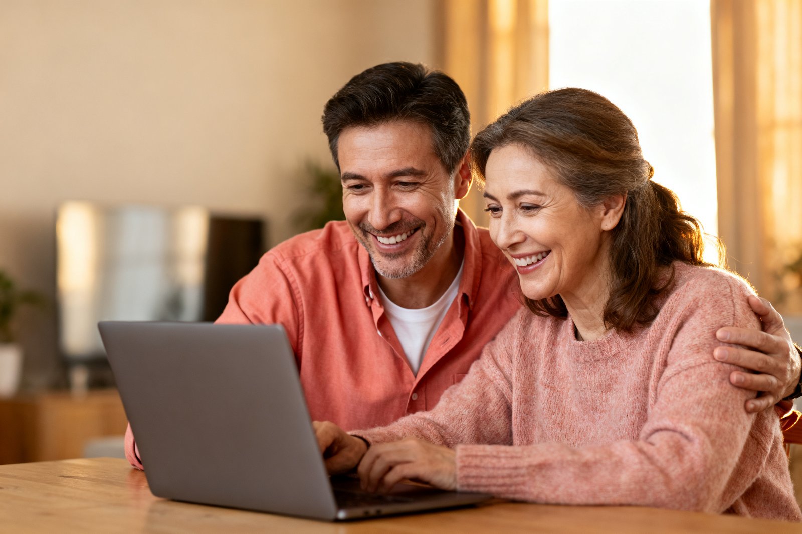 Partners smiling while looking at a laptop budget together