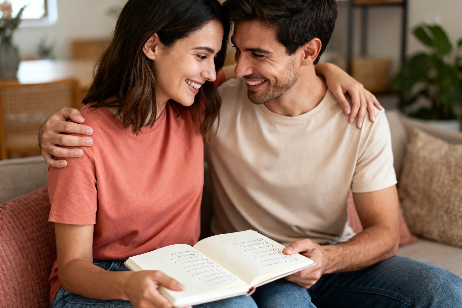A couple encouraging each other over a notebook of goals, hopeful and warm