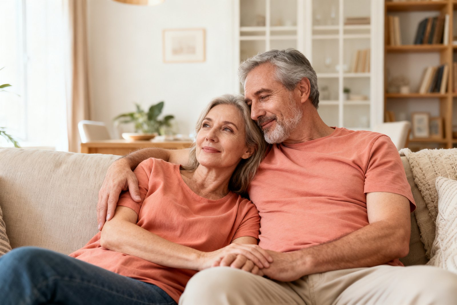 A long-term couple sharing a relaxed, trusting moment together at home, calm and content
