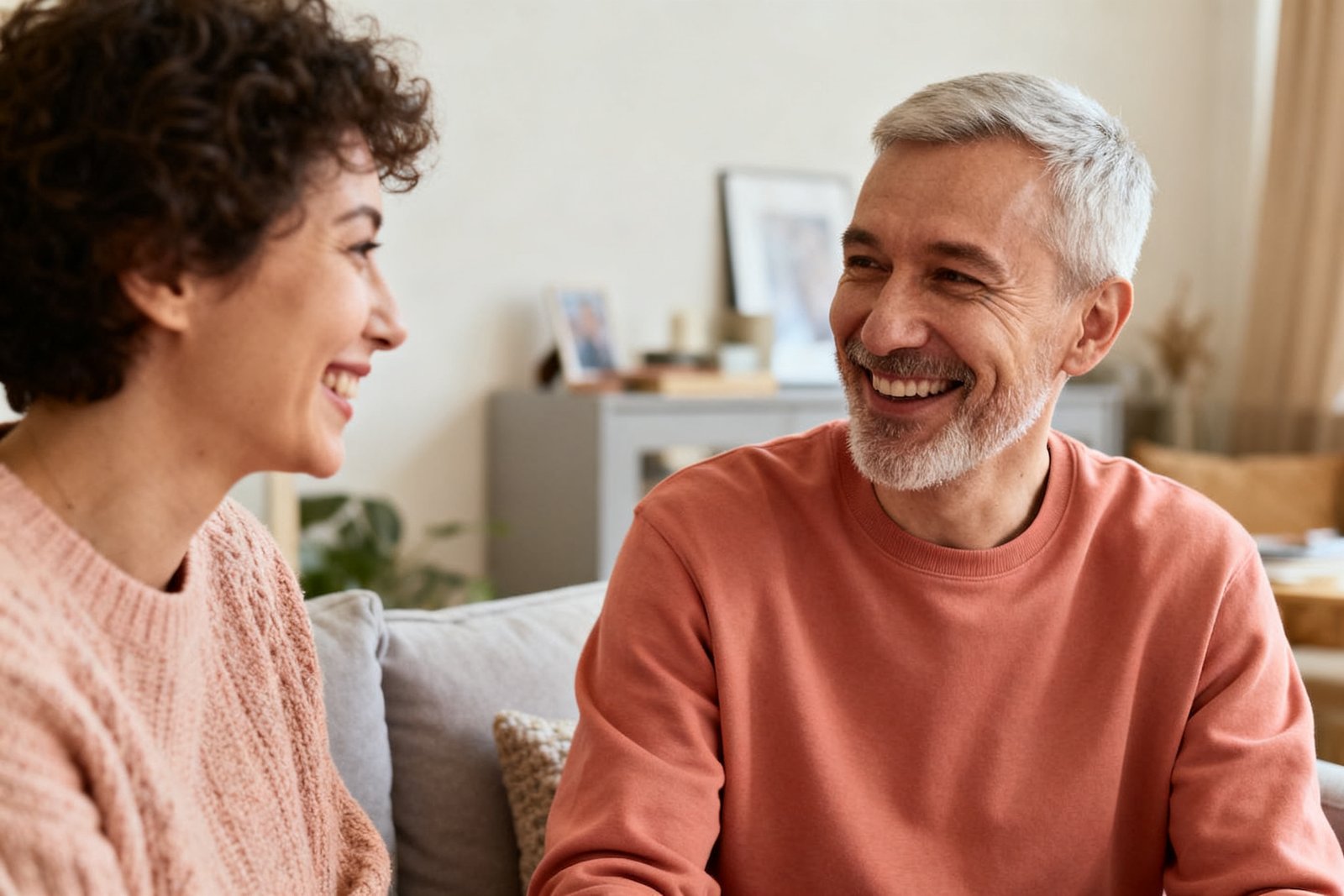 Two people fully present in conversation, smiling