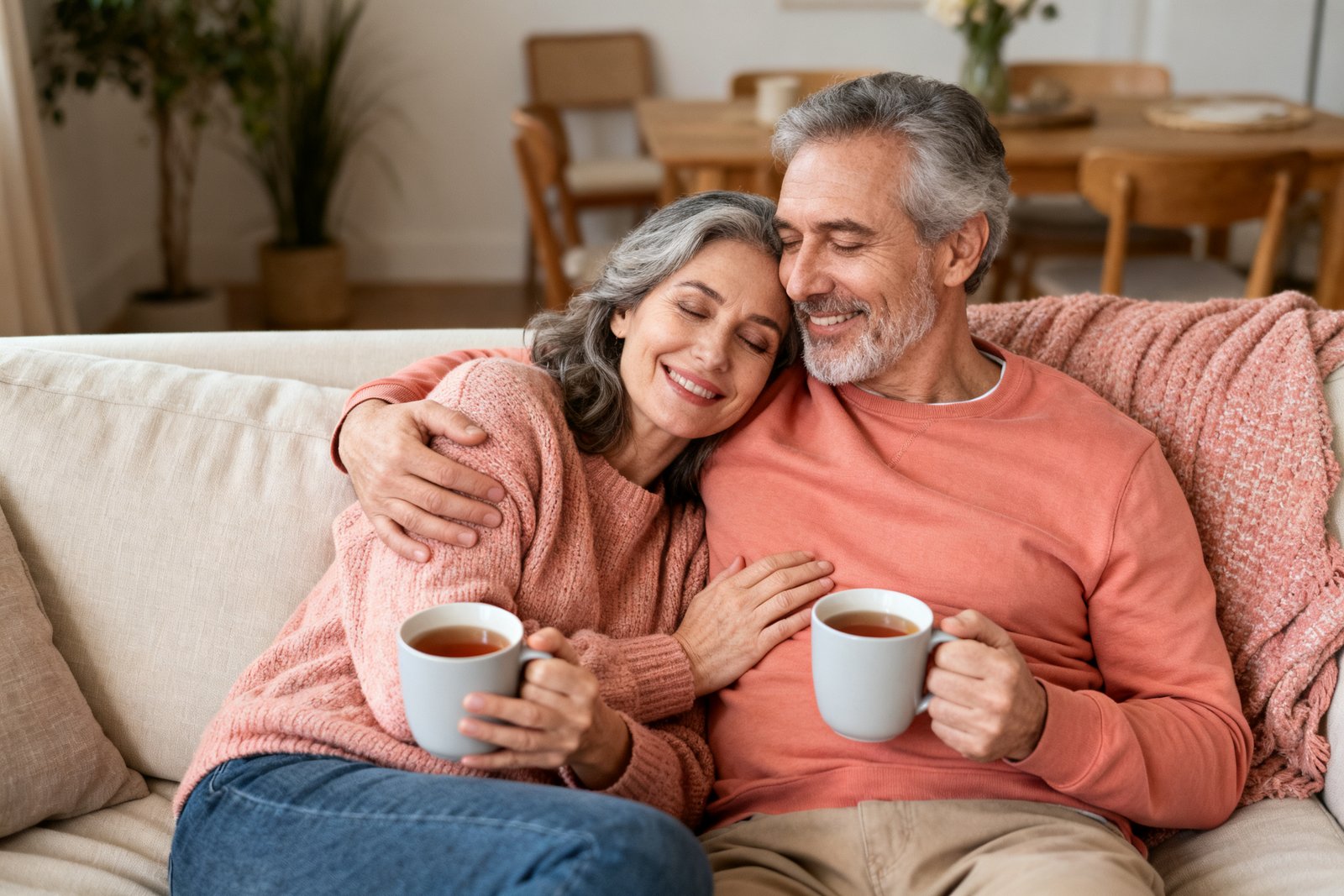 Two people cuddling with mugs of tea, content