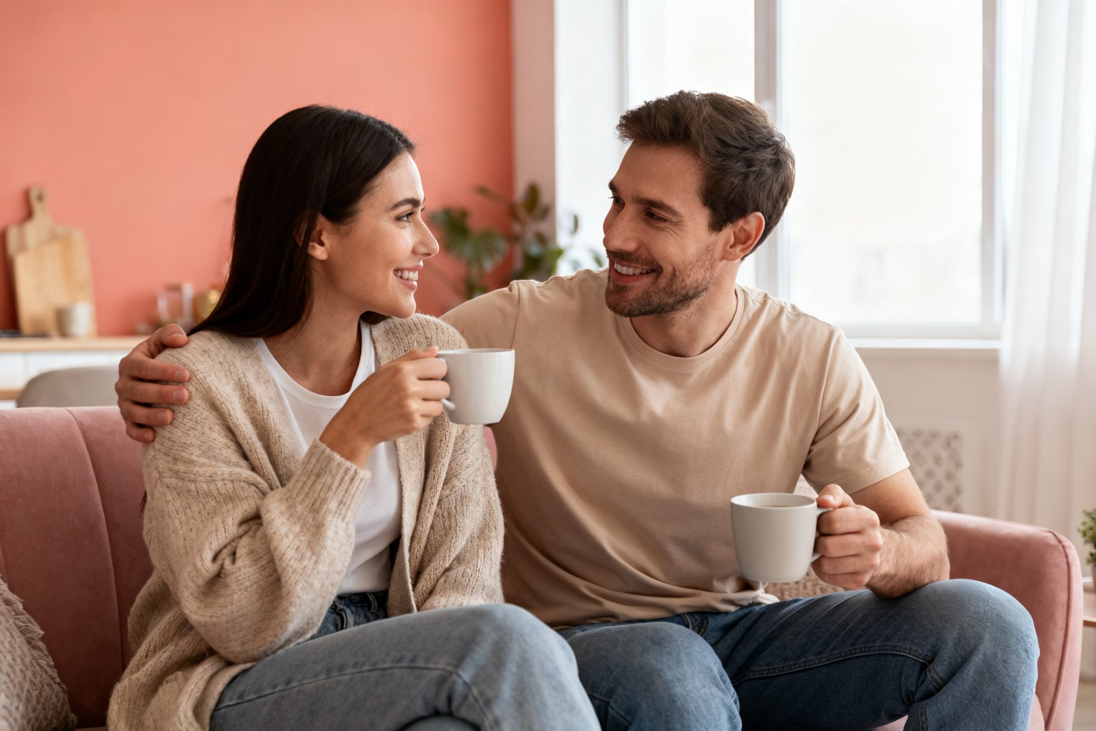 A couple enjoying a relaxed weekend morning together with coffee and warm sunlight