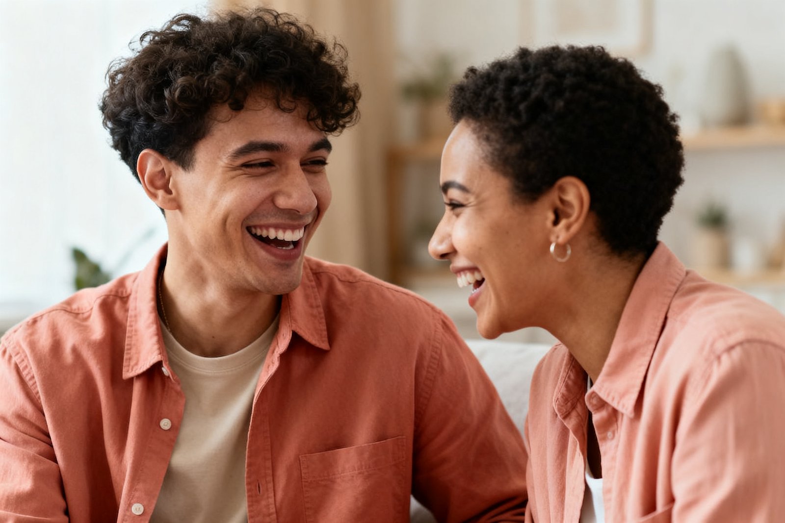 Two people laughing together during an easy, open conversation