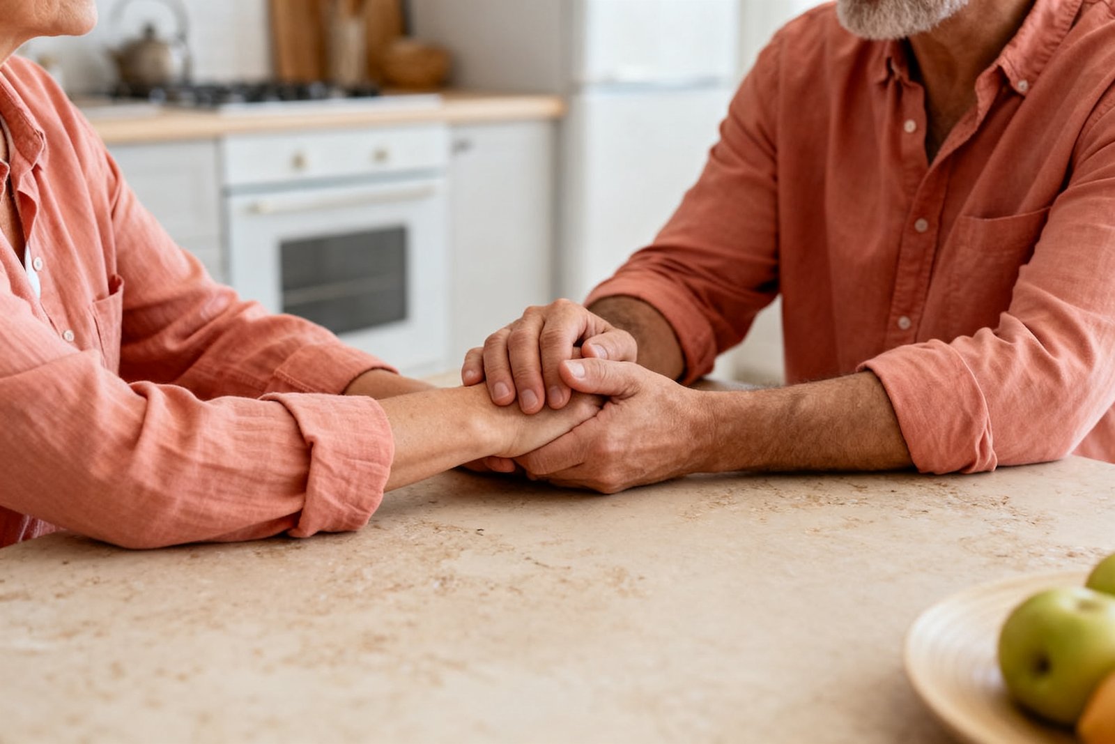 Two people holding hands across a kitchen table, reconciled and at ease