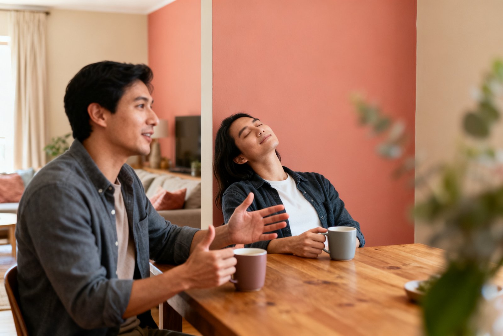 A couple chatting over coffee, one animated and one calm and content